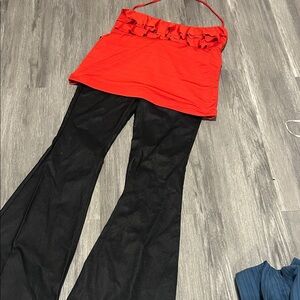 Stylish Black Pants with Red Ruffled Top